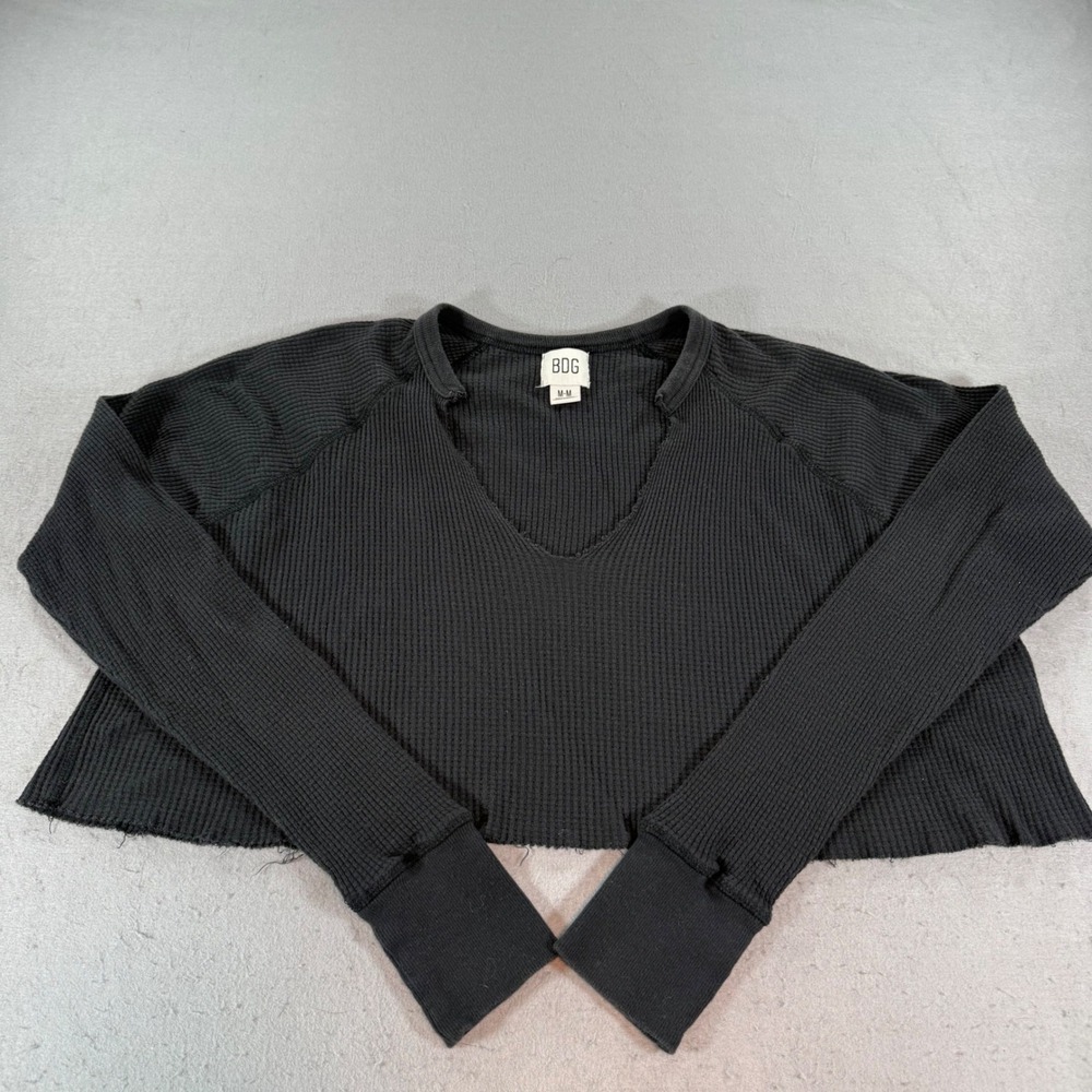 BDG Urban Outfitters Thermal Waffle Knit‎ Crop Top Black Long Sleeve M